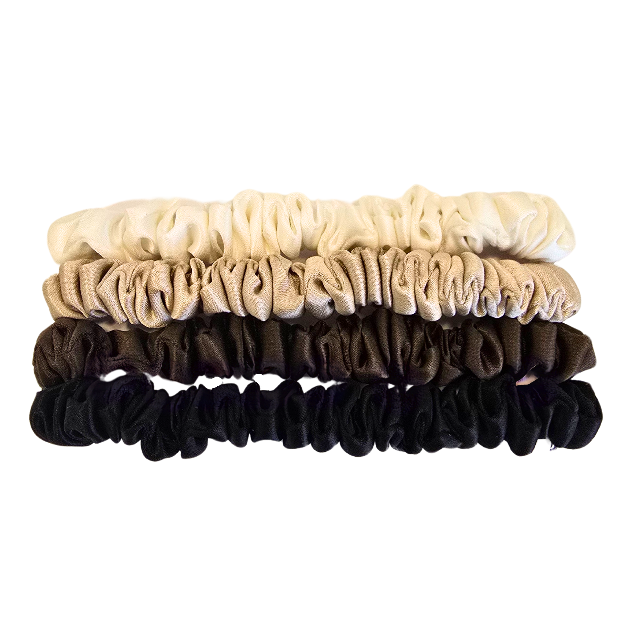 Neutrals- Skinny Mulberry Silk Scrunchie Set  Box of 4 (1cm)