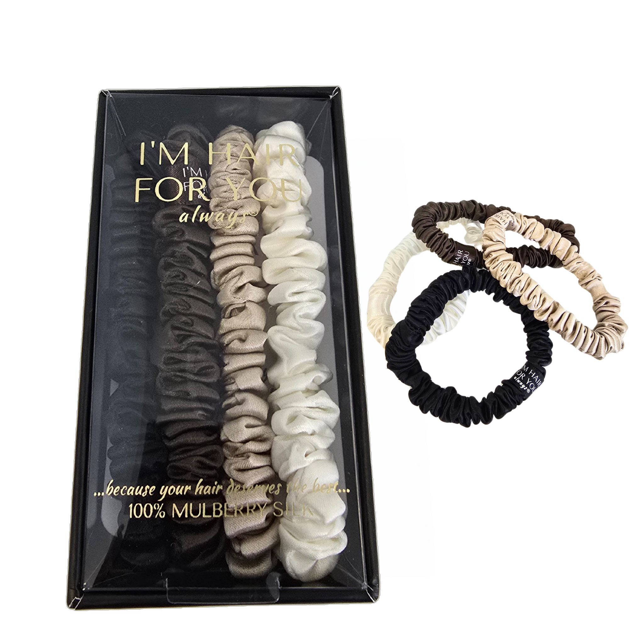 Neutrals- Skinny Mulberry Silk Scrunchie Set  Box of 4 (1cm)