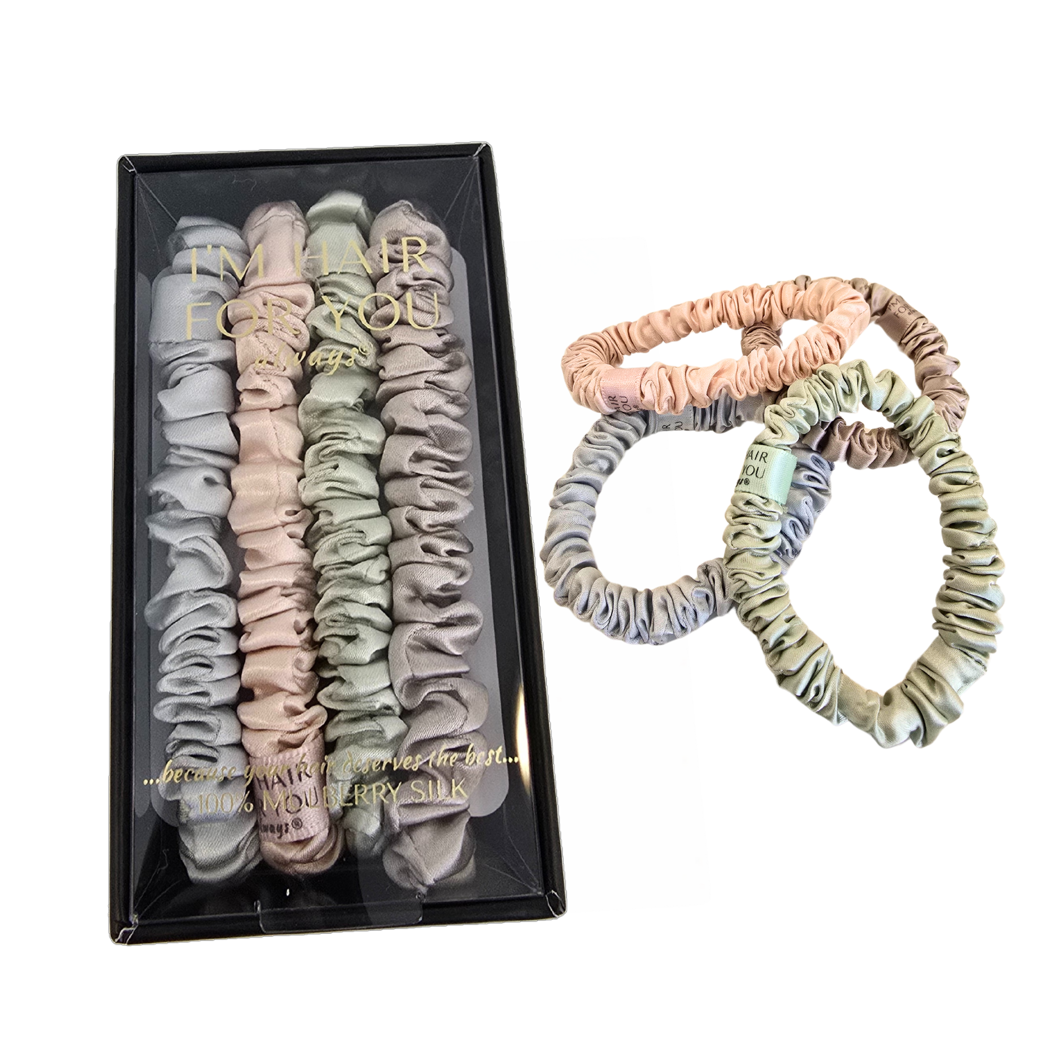 Pastels - Skinny Mulberry Silk Scrunchie Set  Box of 4 (1cm)