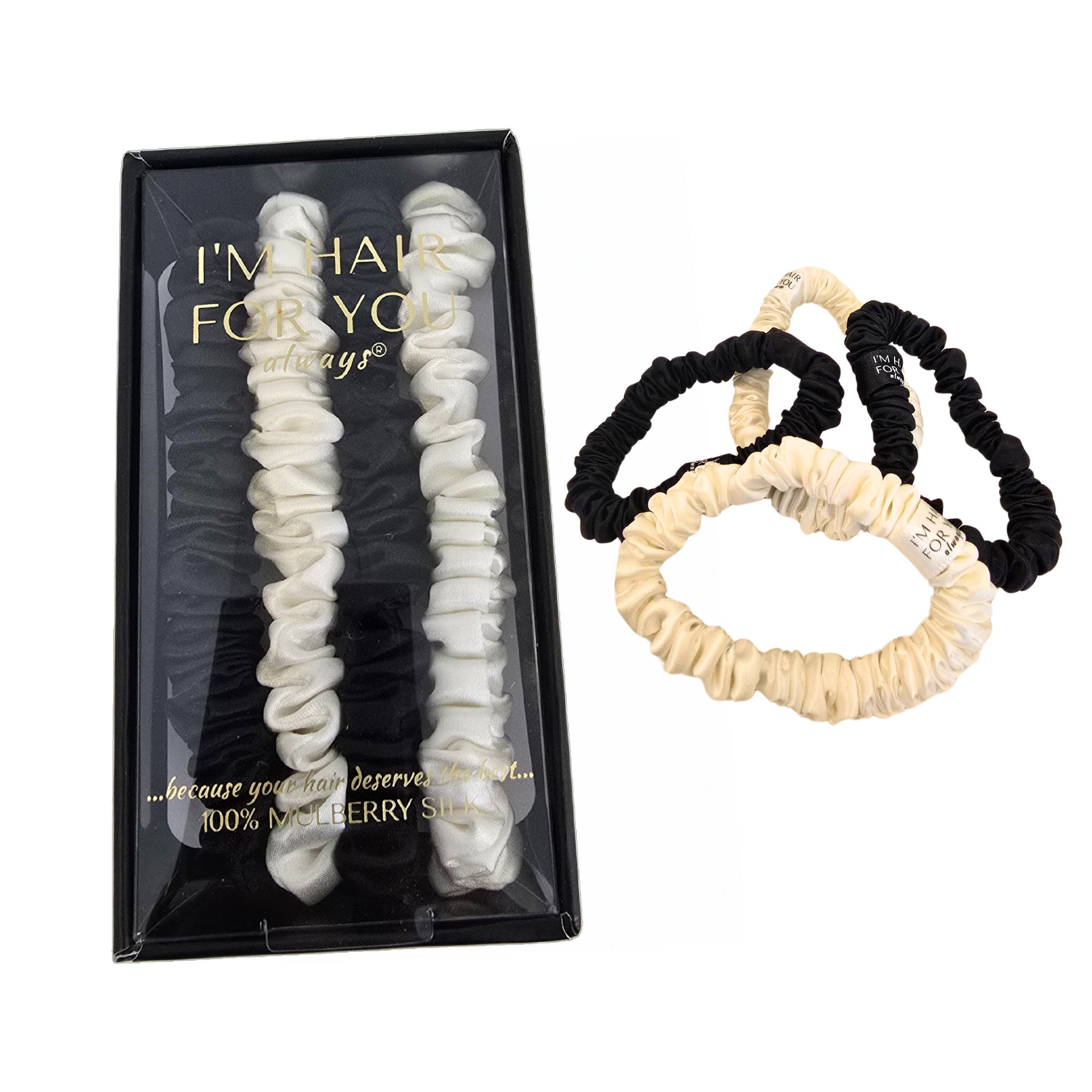 Classics- Skinny Mulberry Silk Scrunchie Set  Box of 4 (1cm)